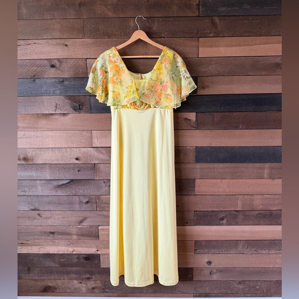 Vintage Yellow Floral Chiffon Maxi Dress 70s Prairie Garden Party - Picture 2 of 14